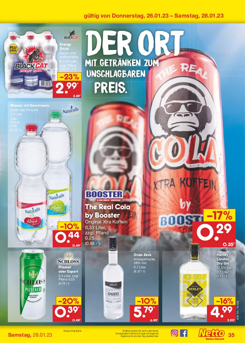 Aktueller Prospekt Netto Marken-Discount - Filial-Angebote - von 23.01 bis 28.01.2023 - strona 35 - produkty: angebot, apfel, bestpreis, cola, drink, dry gin, eis, energy drink, getränk, getränke, gin, kirsch, kirsche, london dry, london dry gin, mac, ouzo, pils, pilsener, reis, Ti, wasser, ZTE