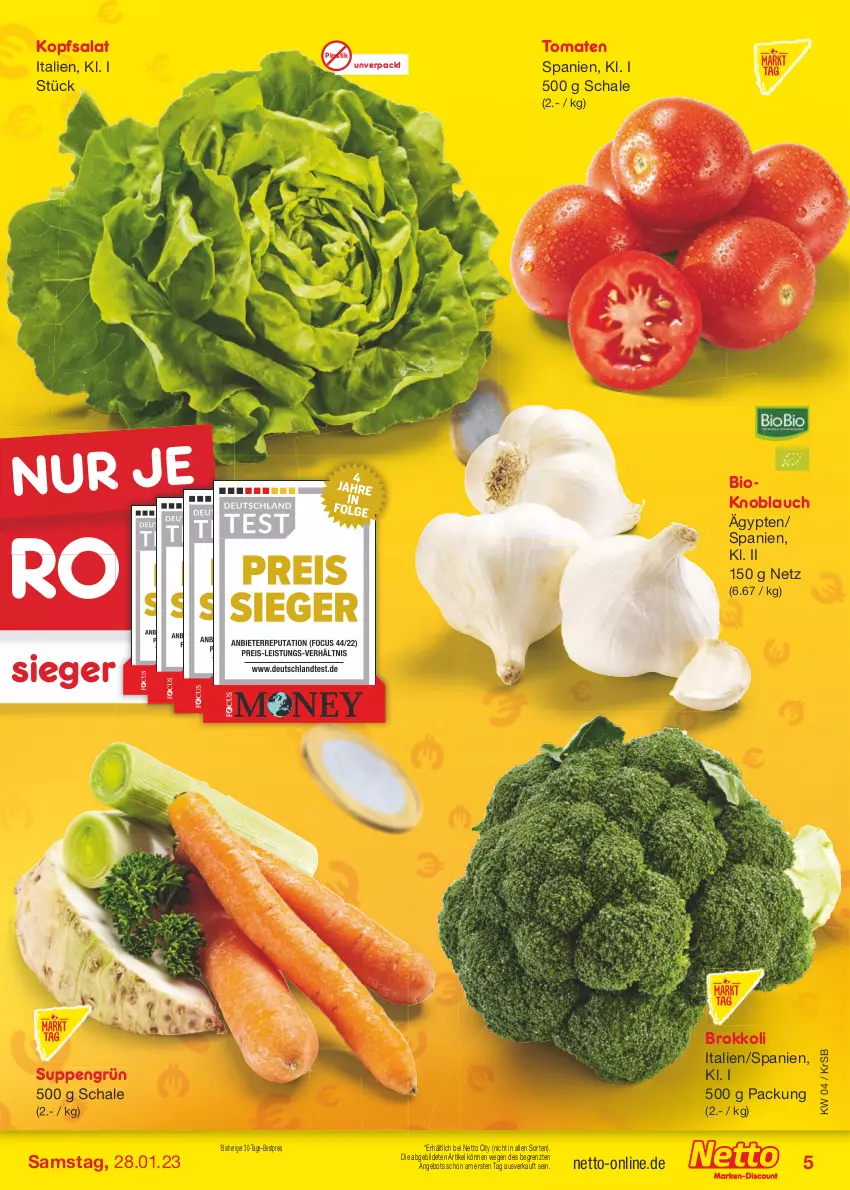 Aktueller Prospekt Netto Marken-Discount - Filial-Angebote - von 23.01 bis 28.01.2023 - strona 5 - produkty: angebot, asti, bestpreis, bio, brokkoli, eis, knoblauch, kopfsalat, reis, salat, Schal, Schale, suppe, suppen, Ti, tomate, tomaten, ZTE