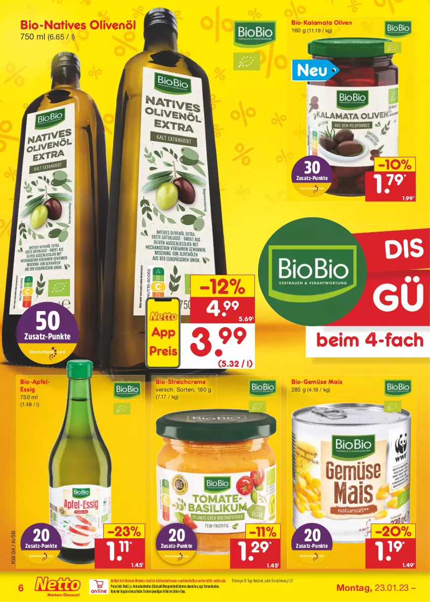 Aktueller Prospekt Netto Marken-Discount - Filial-Angebote - von 23.01 bis 28.01.2023 - strona 6 - produkty: apfel, apfelessig, bestpreis, bio, Bio-Gemüse, creme, eis, essig, mais, natives olivenöl, ndk, olive, oliven, olivenöl, reis, Ti