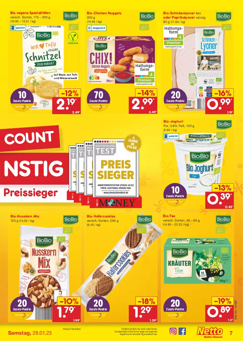 Aktueller Prospekt Netto Marken-Discount - Filial-Angebote - von 23.01 bis 28.01.2023 - strona 7 - produkty: angebot, bestpreis, bio, bio-joghurt, chicken nuggets, cookie, cookies, eis, hafer, Hafercookies, joghur, joghurt, lyoner, nuggets, nuss, paprika, reis, reiss, schinken, Spezi, tee, Ti, Tofu, Yo, ZTE