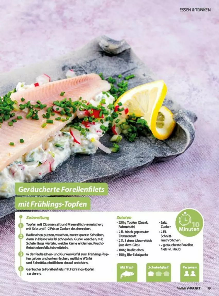 Aktueller Prospekt Vmarkt - Prospekte - von 10.04 bis 24.04.2024 - strona 39 - produkty: Anrichte, bio, eis, elle, filet, filets, fisch, fleisch, forelle, frucht, gurke, gurken, leine, meerrettich, quark, radieschen, rel, Rettich, saft, sahne, salat, Salatgurke, salz, Schal, Schale, Ti, topf, Topfen, würfel, zitrone, zitronen, zucker