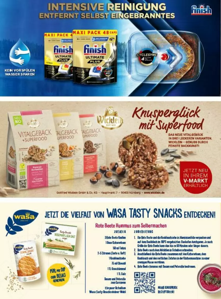 Aktueller Prospekt Vmarkt - Prospekte - von 10.04 bis 24.04.2024 - strona 48 - produkty: Finish, geback, hama, hummus, knoblauch, LG, mac, nuss, petersilie, Reinigung, rezept, Ria, sana, snack, snacks, Spülen, Ti, vita, wasa, WICK