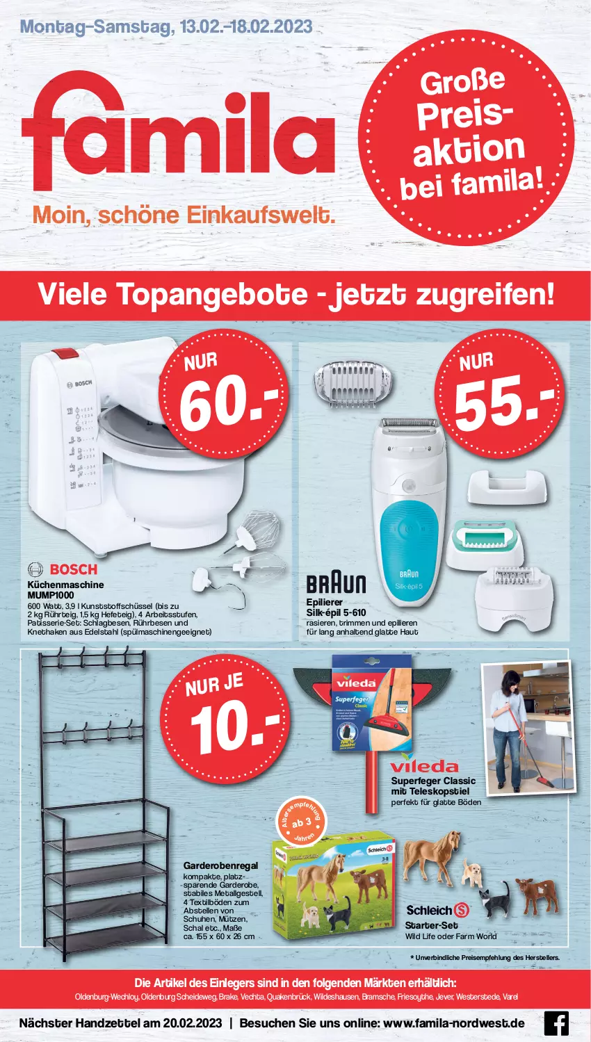 Aktueller Prospekt Famila - Prospekte - von 13.02 bis 18.02.2023 - strona 1 - produkty: angebot, angebote, edelstahl, eis, elle, epilierer, Garderobe, Hefe, jever, küche, Küchen, küchenmaschine, latte, LG, Mütze, regal, reifen, reis, rel, Schal, schuhe, schüssel, Teleskop, teleskopstiel, teller, Ti, Weste, Wild