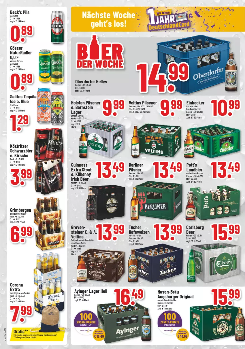 Aktueller Prospekt Trinkgut - von 01.08 bis 06.08.2022 - strona 2 - produkty: beck's, berliner, bier, burger, carlsberg, corona, corona extra, elle, gin, gösser, Guinness, Hefe, hefeweizen, holsten, holsten pilsener, kellerbier, Kilkenny, kirsch, kirsche, köstritzer, natur, pils, pilsener, pilsner, radler, rucksack, sac, Spezi, steiner, tequila, Ti, tuc, Tucher, veltins, veltins pilsener