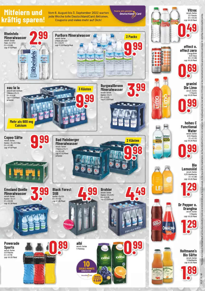 Aktueller Prospekt Trinkgut - von 01.08 bis 06.08.2022 - strona 3 - produkty: Alwa, angebot, angebotspreis, Bad, Berger, bio, black forest, burgwallbronn, Calcium, coupon, coupons, deutschlandcard, drink, Effect, eis, elle, energy drink, erde, flasche, gin, glasflasche, granini, granini die limo, Hohes C, lack, LG, limo, mineralwasser, Mineralwasser Still, orangina, reis, säfte, Sport, Ti, vitrex, wasser