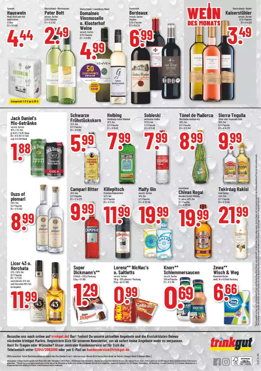 Aktueller Prospekt Trinkgut - von 01.08 bis 06.08.2022 - strona 4 - produkty: angebot, angebote, angebotspreis, Bad, beutel, Brei, burgunder, campari, cola, deka, eis, elle, erde, flasche, getränk, getränke, gin, haushaltstücher, jack daniel, Jack Daniel’s, Kaiser, knorr, korn, kräuter, kräuterlikör, LG, licor, licor 43, lieferservice, likör, lorenz, regal, reis, saltletts, sauce, saucen, schlemmersauce, schlemmersaucen, scotch, scotch whisky, Sierra, sierra tequila, Stühl, telefon, tequila, Ti, tücher, uhr, vodka, wein, weine, whiskey, whisky, zewa