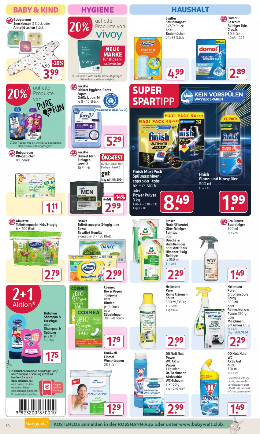 Aktueller Prospekt Rossmann - Prospekte - von 08.04 bis 12.04.2024 - strona 10 - produkty: aktiv gel, alouette, auer, babydream, Bad, Bad-Reiniger, beutel, binden, bio, biozidprodukte, Bodentücher, bübchen, Cap, cosmea, coupon, Domol, Dr. Beckmann, duni, Duniwell, dusche, duschgel, Einmal Waschlappen, elle, Engel, entkalker, essig, Facelle, Finish, Frosch, geschirr, heitmann, himbeer, Hygiene-Pants, Kamill, kamille, klarspüler, Lätzche, magazin, Pants, papier, Rauch, reiniger, rwe, shampoo, slip, slipeinlagen, snack, spartipp, spiritus, spülmaschinen, spülung, staubmagnet, swiffer, Tampon, tampons, Ti, toilettenpapier, tücher, waschlappen, zewa