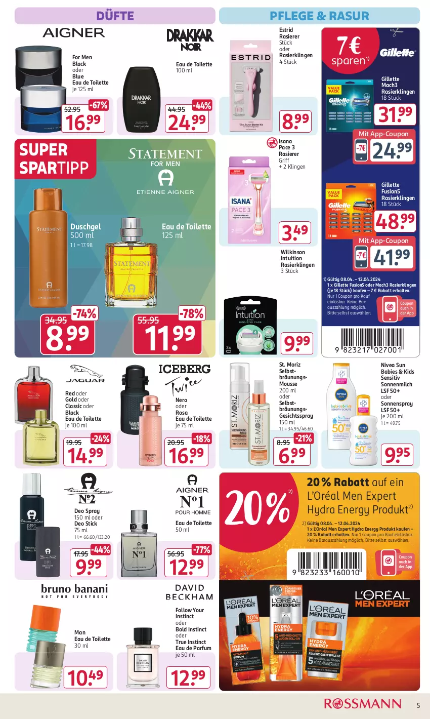 Aktueller Prospekt Rossmann - Prospekte - von 08.04 bis 12.04.2024 - strona 5 - produkty: coupon, deo, deo spray, duschgel, Eau de parfum, eau de toilette, eau de toilette 100 ml, eau de toilette 30 ml, eau de toilette 50 ml, fusion5, gillette, isana, lack, mac, mach3, milch, mousse, nero, nivea, nivea sun, parfum, rasierer, Rasierklinge, rasierklingen, sana, sonnenmilch, sonnenspray, spartipp, Ti, wilkinson, Yo