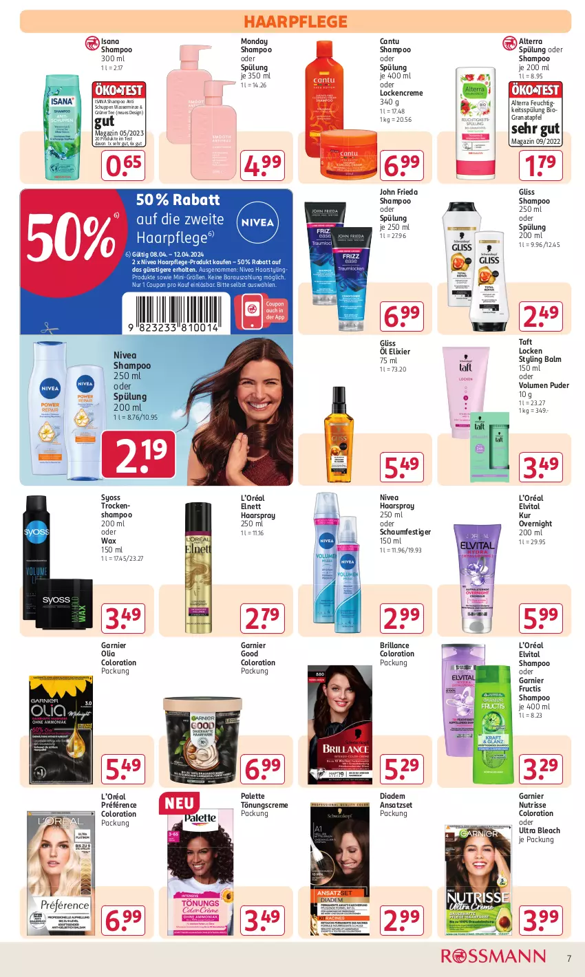 Aktueller Prospekt Rossmann - Prospekte - von 08.04 bis 12.04.2024 - strona 7 - produkty: alterra, apfel, bio, brillance, coupon, creme, diadem, elnett, elvital, fructis, garnier, gliss, grana, granatapfel, grüner tee, haarpflege, haarspray, isana, magazin, minze, nivea, Nutrisse, oder schaumfestiger, Palette, Rana, sana, schaumfestiger, shampoo, shampoo 250 ml, shampoo oder spülung, spülung, spülung 200 ml, syoss, Taft, tee, Ti, Trockenshampoo, vita, wasser, Yo