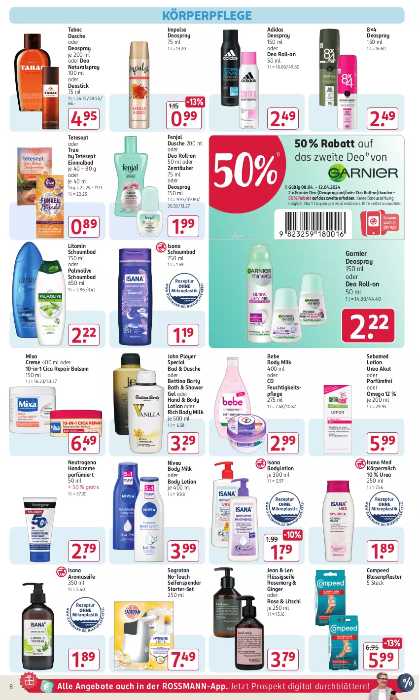 Aktueller Prospekt Rossmann - Prospekte - von 08.04 bis 12.04.2024 - strona 8 - produkty: Adidas, angebot, angebote, Bad, balsam, Bebe, bett, Blasenpflaster, body, body lotion, body milk, bodylotion, Compeed, coupon, creme, deo, deo roll-on, deospray, deospray 150 ml, Deostick, dusche, feuchtigkeitspflege, flüssigseife, garnier, gin, ginger, handcreme, isana, körperpflege, Lotion, milch, Mixa, natur, natura, neutrogena, nivea, oder deo roll-on, oder deospray, olive, omega, palmolive, pflaster, roll-on, sagrotan, sana, schaumbad, sebamed, Seife, seifenspender, Ti