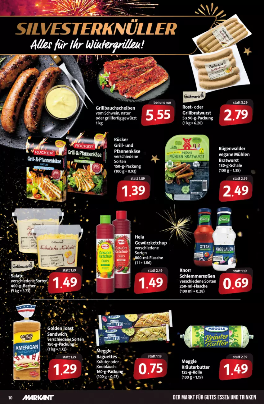 Aktueller Prospekt Markant - Prospekte - von 27.12 bis 31.12.2021 - strona 10 - produkty: Bau, bauchscheiben, bratwurst, butter, flasche, gewürz, gewürzketchup, grill, Grillbauch, gutes essen, Hela, Käse, ketchup, kräuter, kräuterbutter, natur, pfanne, pfannen, pfannenkäse, sandwich, schwein, tee, wein, wurst