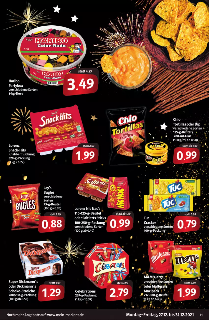 Aktueller Prospekt Markant - Prospekte - von 27.12 bis 31.12.2021 - strona 11 - produkty: angebot, angebote, beutel, bugles, cracker, haribo, lay's, lorenz, snack, tee, Ti, tortilla, tortillas