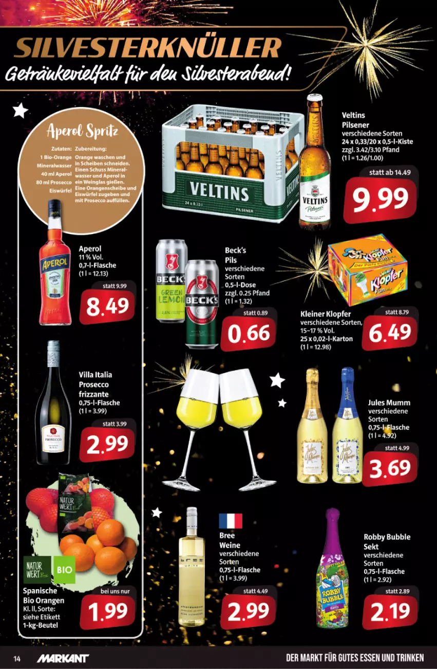 Aktueller Prospekt Markant - Prospekte - von 27.12 bis 31.12.2021 - strona 14 - produkty: beck's, bio, bree, ecco, flasche, frizzante, gutes essen, jules mumm, kleiner klopfer, leine, mumm, orange, orangen, pils, pilsener, prosecco, robby, Ti, wein, weine