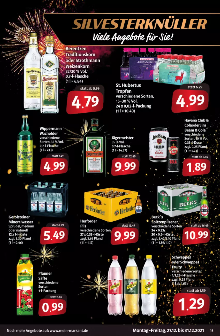 Aktueller Prospekt Markant - Prospekte - von 27.12 bis 31.12.2021 - strona 15 - produkty: angebot, angebote, bourbon, cola, eis, flasche, Germ, Havana Club, jägermeister, korn, Meister, pfanne, Pfanner, pils, tee