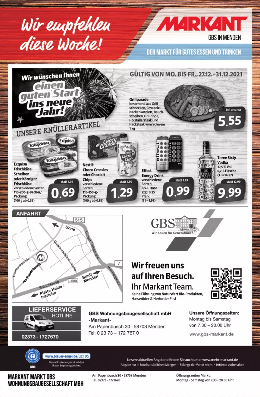 Aktueller Prospekt Markant - Prospekte - von 27.12 bis 31.12.2021 - strona 16 - produkty: angebot, angebote, auer, Bau, Becher, bio, cevapcici, chips, choclait chips, elle, Engel, frischkäse, grill, grillrippe, hasseröder, Holz, Käse, Körniger Frischkäse, kotelett, natur, pils, ring, rwe, schwein, steak, Ti, uhr, wein