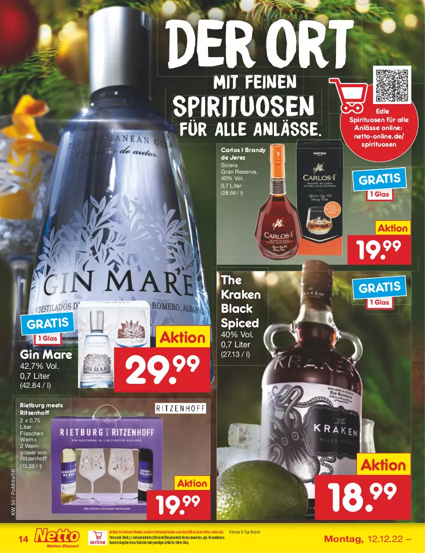 Aktueller Prospekt Netto Marken-Discount - Filial-Angebote - von 12.12 bis 17.12.2022 - strona 14 - produkty: arlo, bestpreis, eis, flasche, gin, gin mare, Gläser, lack, ndk, reis, spirituosen, Ti, wein, Weingläser