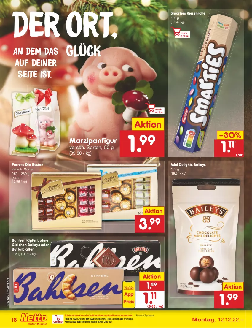 Aktueller Prospekt Netto Marken-Discount - Filial-Angebote - von 12.12 bis 17.12.2022 - strona 18 - produkty: bahlsen, baileys, bestpreis, butter, eis, ferrero, marzipan, ndk, reis, smarties, Ti