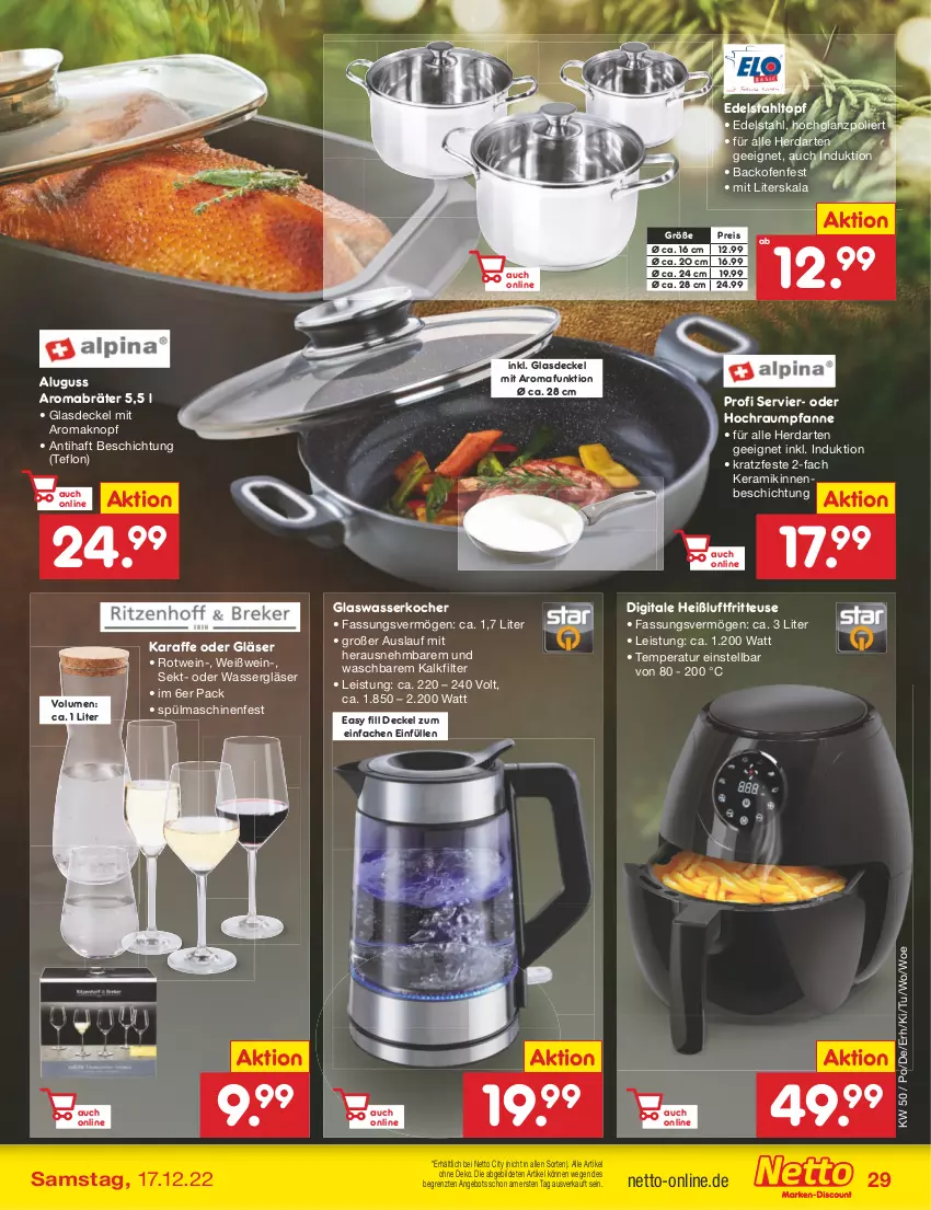 Aktueller Prospekt Netto Marken-Discount - Filial-Angebote - von 12.12 bis 17.12.2022 - strona 29 - produkty: angebot, backofen, decke, Deckel, edelstahl, eis, fritteuse, Glasdeckel, Gläser, Heißluftfritteuse, herdarten, hochglanz, Karaffe, Kocher, mab, Ofen, pfanne, reis, rotwein, sekt, spülmaschinen, Ti, topf, wasser, wasserkocher, wein, Weißwein, weißwein-, ZTE