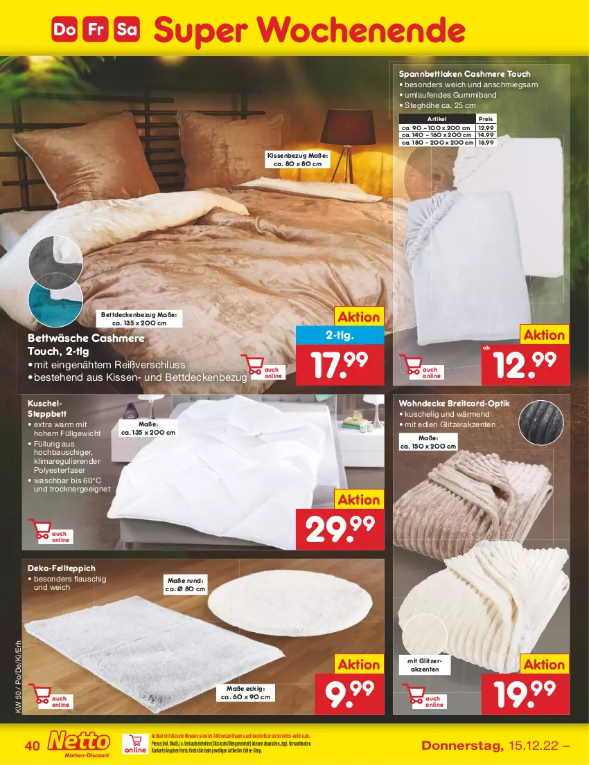 Aktueller Prospekt Netto Marken-Discount - Filial-Angebote - von 12.12 bis 17.12.2022 - strona 40 - produkty: Bau, bett, bettwäsche, Brei, cashmere, decke, eis, ente, Ergee, kissen, Kissenbezug, Laufen, LG, ndk, reis, spannbettlaken, steppbett, teppich, Ti, Trockner