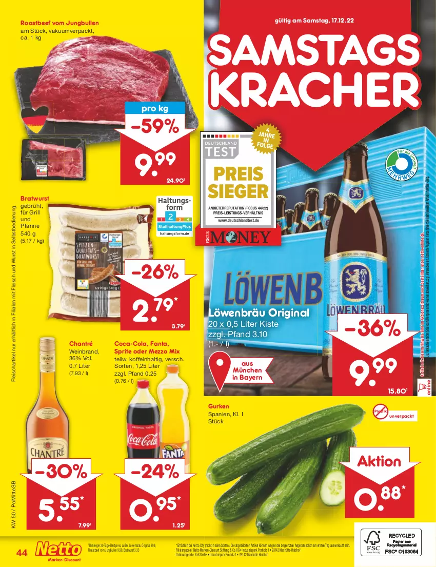 Aktueller Prospekt Netto Marken-Discount - Filial-Angebote - von 12.12 bis 17.12.2022 - strona 44 - produkty: angebot, angebote, asti, beef, bestpreis, bratwurst, chantré, coca-cola, cola, discount, eis, fanta, fleisch, für grill und pfanne, gin, grill, grill und pfanne, gurke, gurken, Holz, jungbullen, kracher, marken-discount, Mezzo Mix, ndk, pfanne, reis, roastbeef, sprite, Ti, und pfanne, wein, weinbrand, wurst, wurst in selbstbedienung, ZTE