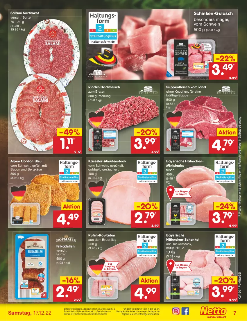 Aktueller Prospekt Netto Marken-Discount - Filial-Angebote - von 12.12 bis 17.12.2022 - strona 7 - produkty: angebot, bacon, Bergkäse, bestpreis, braten, brustfilet, cordon bleu, dell, eis, elle, filet, fleisch, Fleisch Suppe, frikadellen, gulasch, hackfleisch, hähnchen-schenkel, henkel, Käse, kasseler, natur, pute, reis, rind, rinder, rinder-hackfleisch, rouladen, salami, schenkel, schinken, schwein, steak, steaks, suppe, suppen, suppenfleisch, Ti, wein, wurst, wurst in selbstbedienung, ZTE