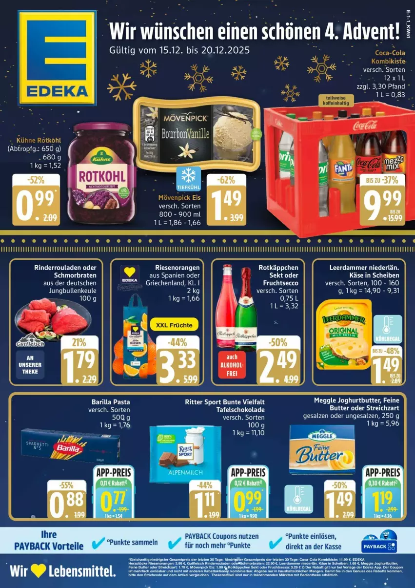 Aktueller Prospekt Edeka - Prospekte - von 15.12 bis 20.12.2025 - strona 1 - produkty: alkohol, barilla, butter, coupon, coupons, ecco, elle, frucht, fruchtsecco, Käse, leerdammer, orange, orangen, pasta, payback, rind, rinder, Rinderroulade, rinderrouladen, ritter, ritter sport, rouladen, salz, schoko, schokolade, sekt, Sport, Streichzart, tafelschokolade, Ti