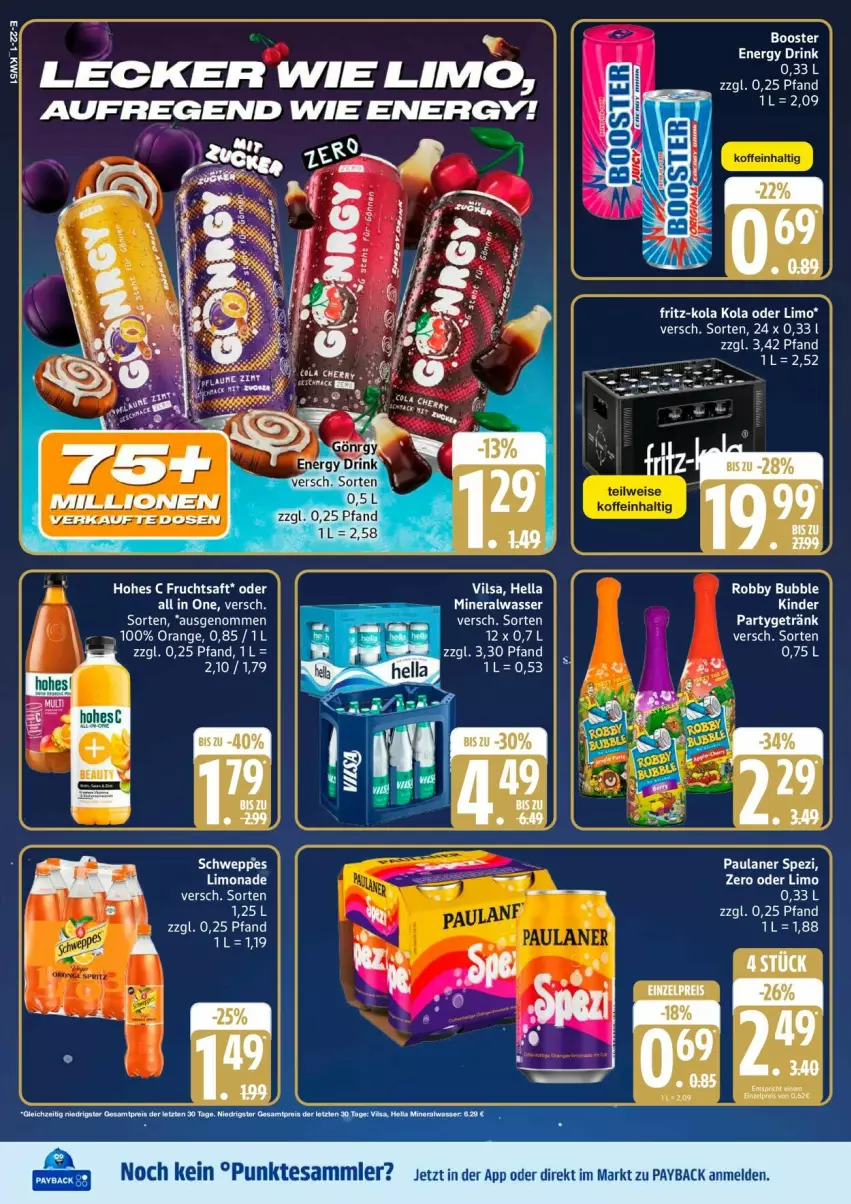Aktueller Prospekt Edeka - Prospekte - von 15.12 bis 20.12.2025 - strona 26 - produkty: Alwa, drink, energy drink, fritz, fritz-kola, frucht, fruchtsaft, hella, Hohes C, Kinder, limo, limonade, lion, mineralwasser, nerf, orange, Paula, paulaner, payback, robby, saft, Spezi, tee, tesa, vilsa, wasser