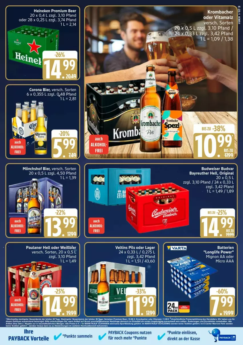 Aktueller Prospekt Edeka - Prospekte - von 15.12 bis 20.12.2025 - strona 27 - produkty: alkohol, bier, budweiser, corona, coupon, coupons, eis, gin, heineken, krombache, krombacher, mönchshof, Paula, paulaner, payback, pils, tee, Ti, varta, veltins