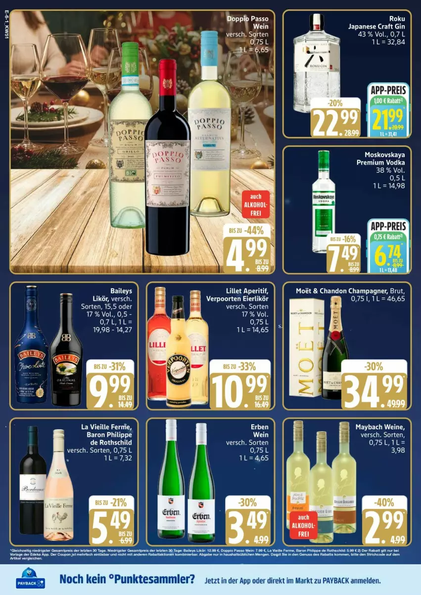 Aktueller Prospekt Edeka - Prospekte - von 15.12 bis 20.12.2025 - strona 6 - produkty: baileys, brut, champagne, champagner, gin, likör, maybach, moskovskaya, passo, payback, wein, weine