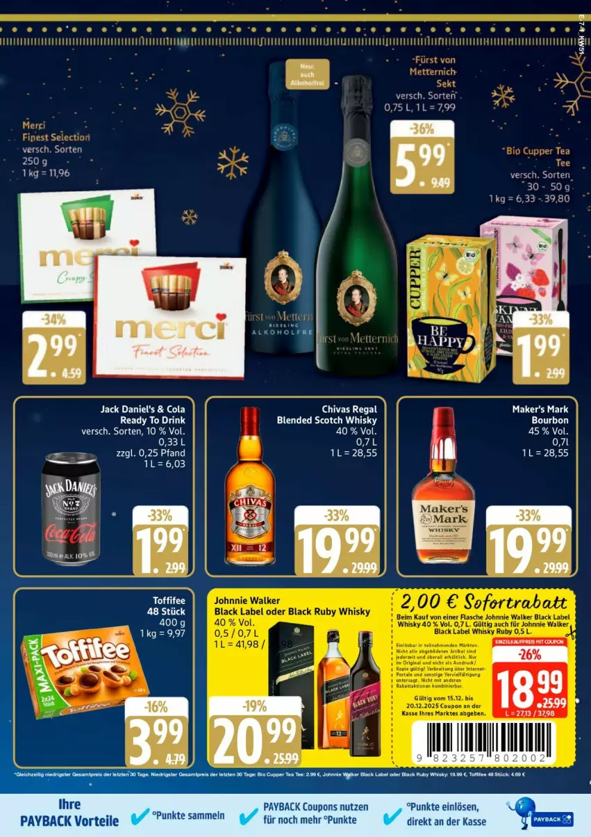 Aktueller Prospekt Edeka - Prospekte - von 15.12 bis 20.12.2025 - strona 7 - produkty: blended scotch, blended scotch whisky, bourbon, cola, jack daniel, jack daniel's, payback, regal, scotch, scotch whisky, Ti, whisky