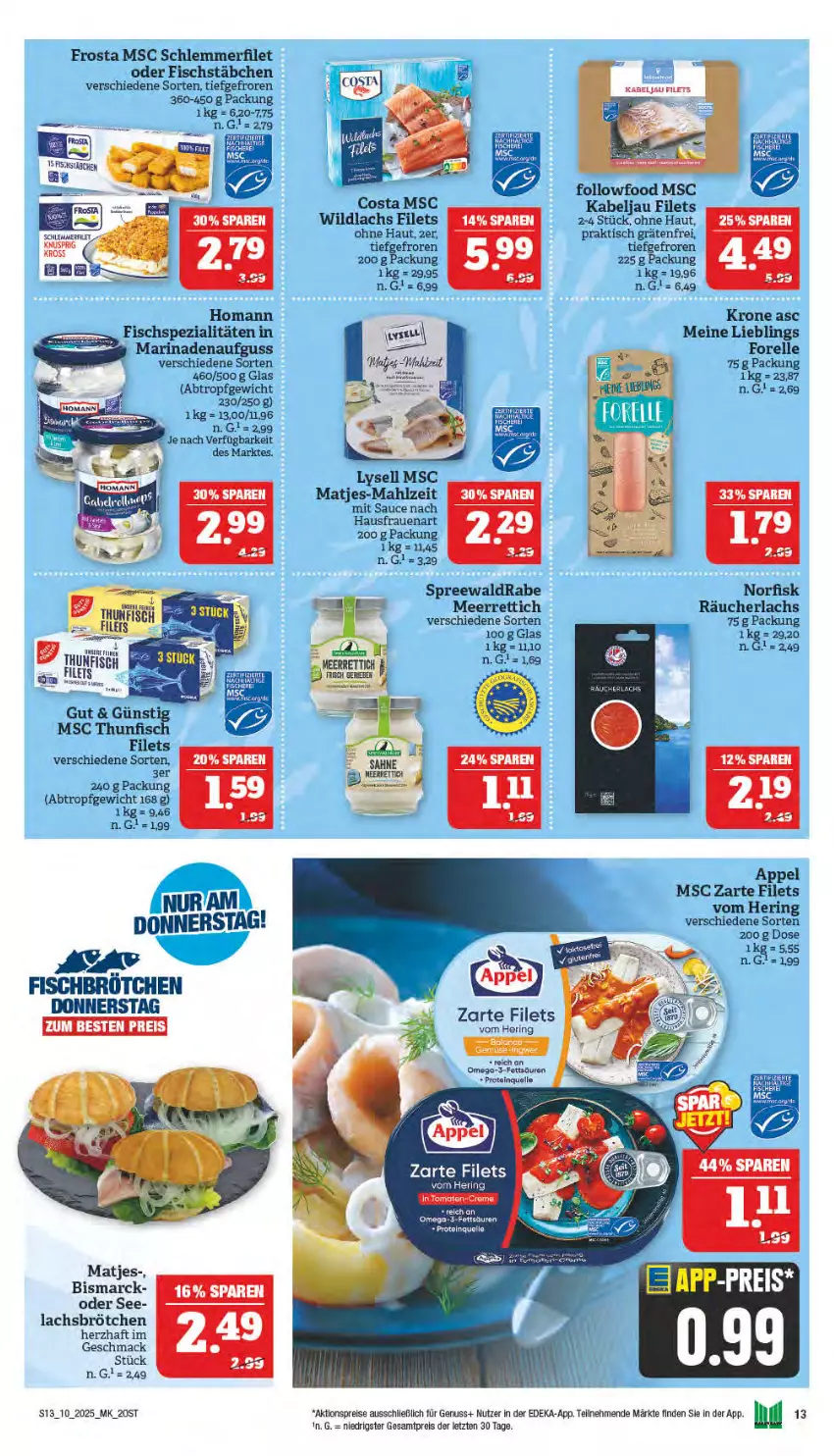 Aktueller Prospekt Marktkauf - Prospekt - von 02.03 bis 08.03.2025 - strona 13 - produkty: aktionspreis, bismarck, brötchen, deka, eis, elle, filet, filets, fisch, fische, Fischer, fischstäbchen, forelle, frosta, hering, homann, krone, lachs, lysell, mac, marinade, matjes, meerrettich, nuss, omega, Omega-3, Räucherlachs, reis, rel, Rettich, ring, sauce, saucen, Schere, schlemmerfilet, Spezi, Ti, tisch, tomate, tomaten, Wild, wildlachs, ZTE