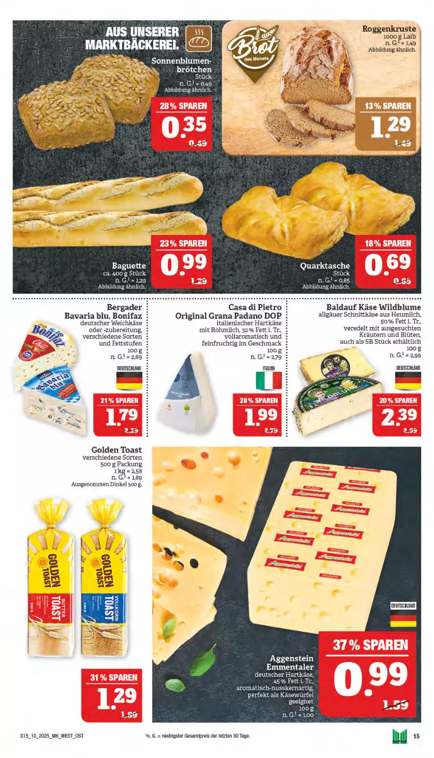 Aktueller Prospekt Marktkauf - Prospekt - von 02.03 bis 08.03.2025 - strona 15 - produkty: baguette, bavaria blu, bergader, blume, Blüte, brötchen, deutscher weichkäse, eis, emmentaler, frucht, gin, golden toast, grana, grana padano, hartkäse, Heu, heumilch, italienischer hartkäse, Käse, kräuter, kräutern, LG, mac, milch, nuss, padano, quark, Rana, reis, Ria, schnittkäse, Tasche, Ti, tisch, toast, weichkäse, Wild, würfel, Yo, ZTE