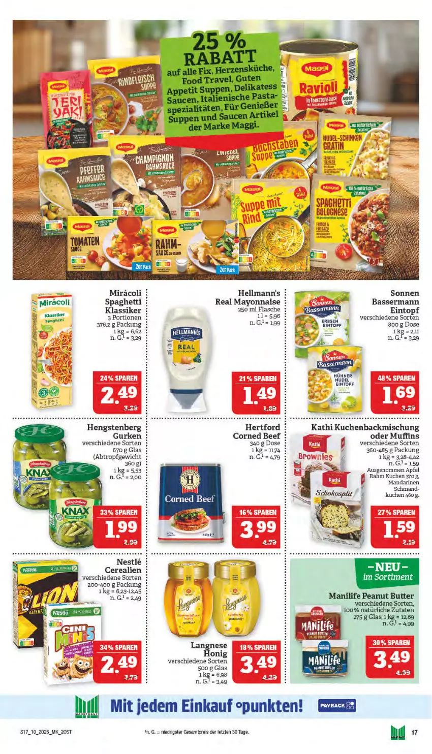 Aktueller Prospekt Marktkauf - Prospekt - von 02.03 bis 08.03.2025 - strona 17 - produkty: apfel, beef, butter, cerealien, corned beef, eintopf, eis, erbsen, flasche, gurke, gurken, Hellmann's, honig, hühner, kuchen, langnese, mandarine, mandarinen, mayonnaise, Muffin, muffins, nudel, peanut butter, reis, schmand, spaghetti, tee, Ti, topf, Yo, ZTE