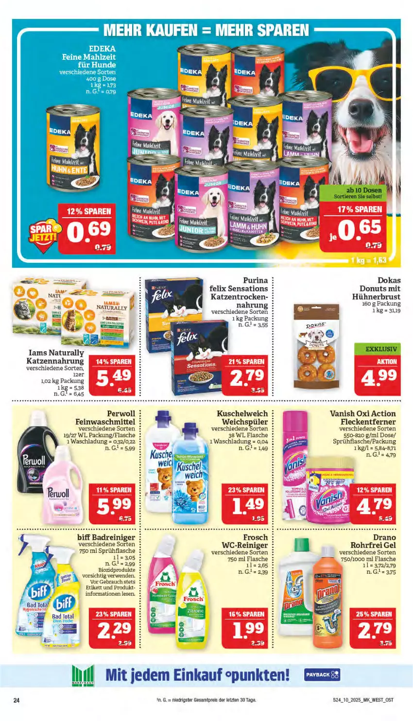 Aktueller Prospekt Marktkauf - Prospekt - von 02.03 bis 08.03.2025 - strona 24 - produkty: Bad, biff, bio, biozidprodukte, Donut, donuts, eis, ente, feinwaschmittel, felix, flasche, fleckentferner, Frosch, hühner, katzennahrung, Kuschelweich, natur, natura, oxi action, perwoll, purina, Rauch, reiniger, reis, rwe, sensations, sprühflasche, tee, Ti, vanish, vanish oxi action, waschmittel, wc-reiniger, weichspüler, ZTE