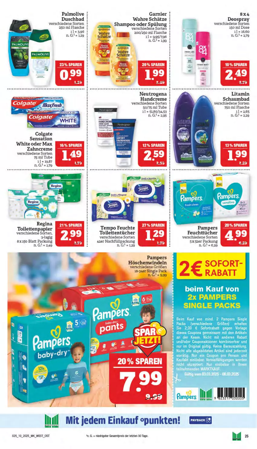 Aktueller Prospekt Marktkauf - Prospekt - von 02.03 bis 08.03.2025 - strona 25 - produkty: Bad, creme, deo, deospray, duschbad, eis, feuchttücher, flasche, garnier, gin, handcreme, neutrogena, olive, palmolive, pampers, papier, reis, schaumbad, shampoo, shampoo oder spülung, spülung, tee, Tempo, Ti, toilettenpapier, toilettentücher, tücher, Wahre Schätze, zahncreme, ZTE