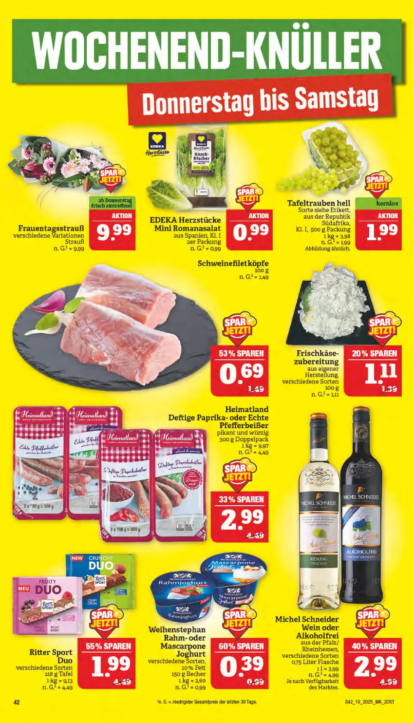 Aktueller Prospekt Marktkauf - Prospekt - von 02.03 bis 08.03.2025 - strona 42 - produkty: Becher, deka, dell, eis, filet, flasche, frischkäse, joghur, joghurt, Käse, Michel Schneider, paprika, pfeffer, Pfefferbeißer, Rana, reis, Ria, ritter, ritter sport, Romanasalat, salat, schwein, schweine, schweinefilet, Sport, tafeltrauben, Ti, trauben, weihenstephan, wein, weine, ZTE