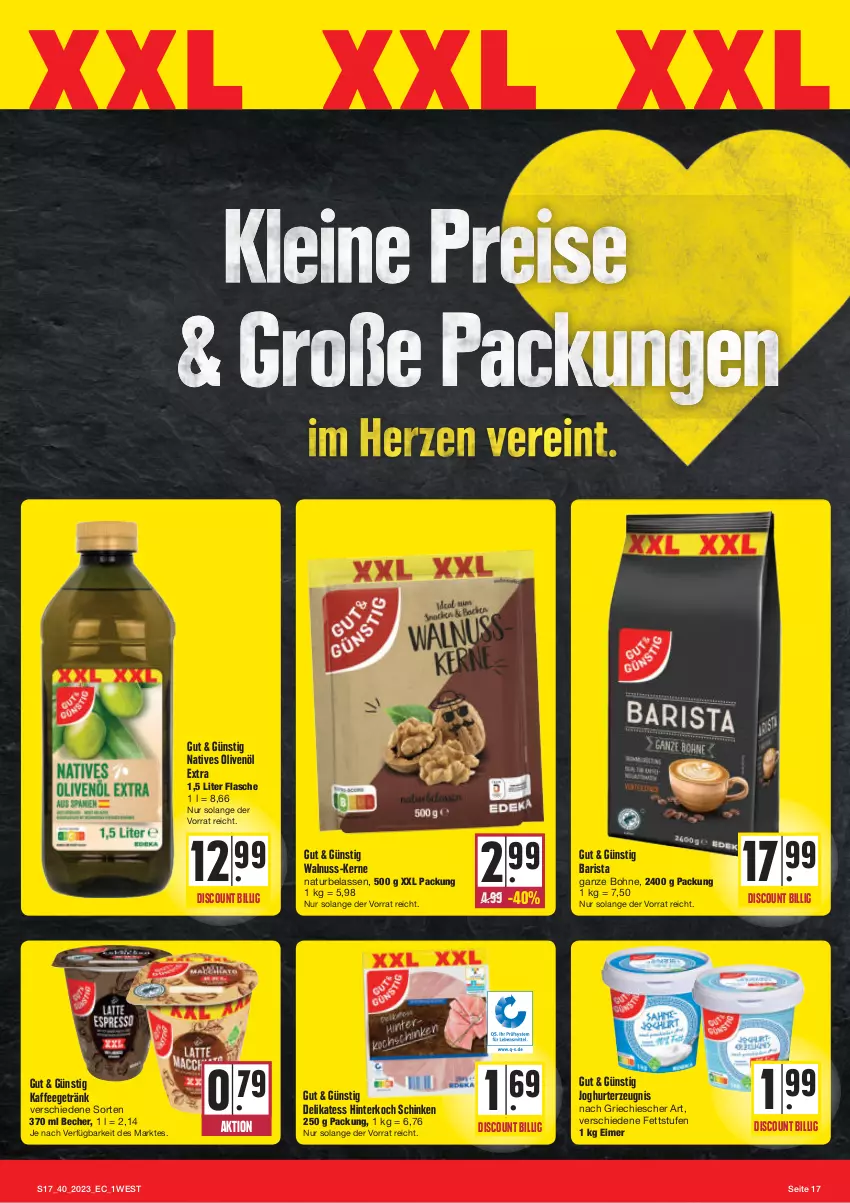 Aktueller Prospekt E Center - Angebote der Woche - von 02.10 bis 07.10.2023 - strona 17 - produkty: Becher, bohne, discount, eimer, flasche, getränk, joghur, joghurt, kaffee, natives olivenöl, natur, nuss, olive, oliven, olivenöl, olivenöl extra, schinken, Ti, walnuss