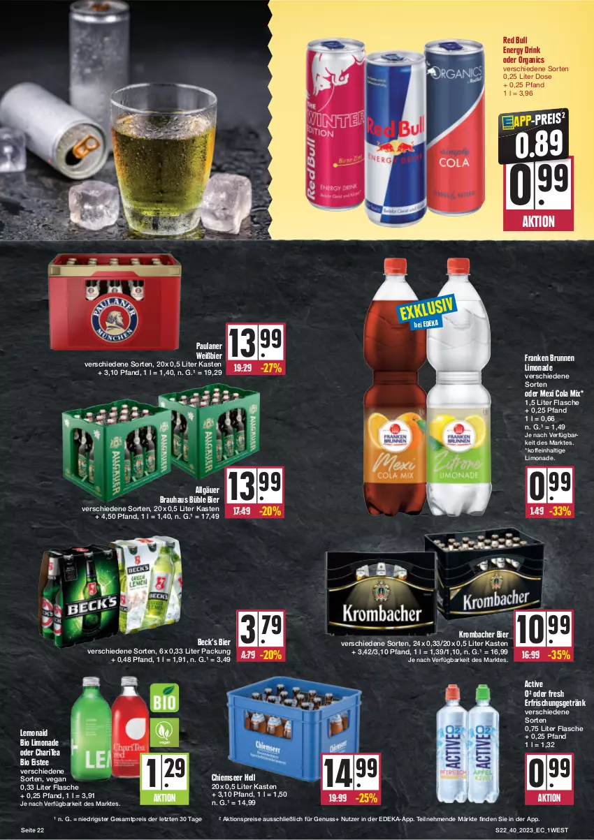 Aktueller Prospekt E Center - Angebote der Woche - von 02.10 bis 07.10.2023 - strona 22 - produkty: aktionspreis, bier, bio, bio limo, brunnen, cola, deka, drink, eis, eistee, energy drink, erfrischungsgetränk, flasche, franken brunnen, getränk, krombache, krombacher, LG, limo, limonade, nuss, Paula, paulaner, red bull, reis, tee, Ti, ZTE