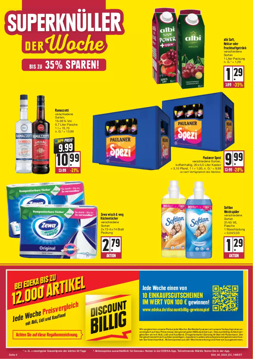 Aktueller Prospekt E Center - Angebote der Woche - von 02.10 bis 07.10.2023 - strona 4 - produkty: aktionspreis, aldi, deka, discount, eis, flasche, frucht, fruchtsaft, fruchtsaftgetränk, getränk, gewinnspiel, gutschein, gutscheine, küche, Küchen, küchentücher, Nektar, nivea, nuss, Paula, paulaner, rama, ramazzott, ramazzotti, regal, reis, saft, Softlan, Spezi, Ti, tücher, weichspüler, zewa, zott, ZTE