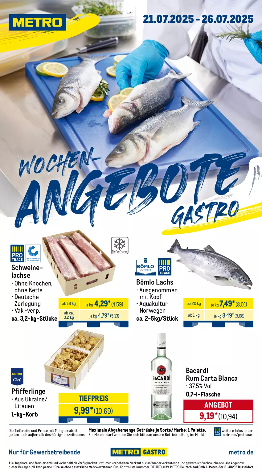 Aktueller Prospekt Metro - Wochen-Angebote Gastro - von 21.07 bis 26.07.2025 - strona 1 - produkty: abholpreise, angebot, angebote, aqua, bacardi, bacardi rum, eis, flasche, getränk, getränke, ilag, Kette, korb, lachs, Metro, Palette, Pfifferlinge, Rauch, reis, rum, rwe, schwein, schweine, Schweinelachs, Ti, tiefpreis, wein, weine