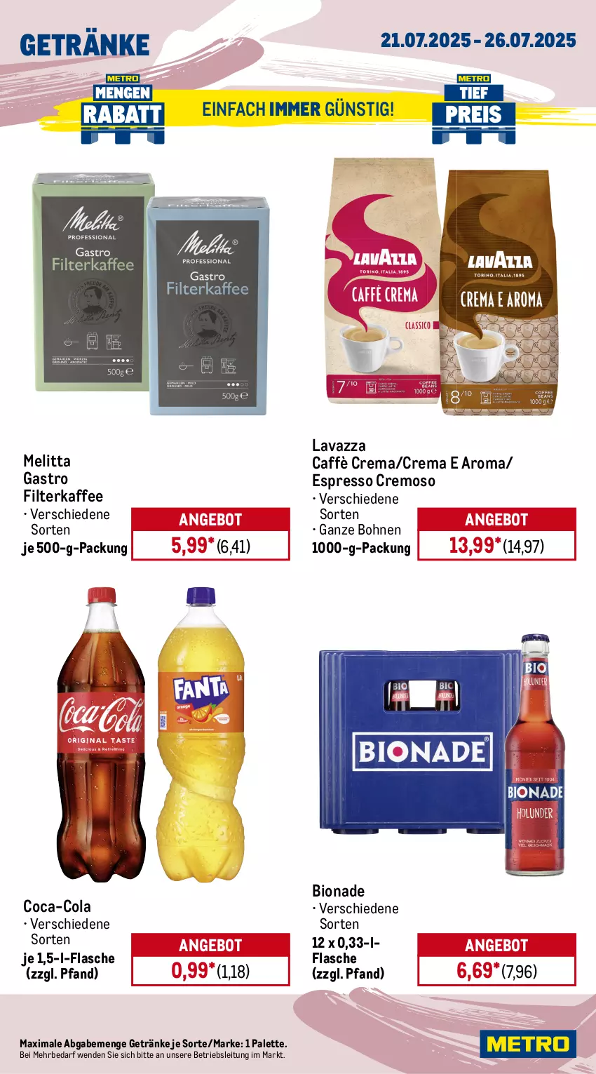 Aktueller Prospekt Metro - Wochen-Angebote Gastro - von 21.07 bis 26.07.2025 - strona 13 - produkty: angebot, barbecue, beutel, bio, bionade, bohne, bohnen, braten, braun, caffè crema, coca-cola, cola, delikatess sauce, eis, espresso, filterkaffee, flasche, getränk, getränke, kaffee, knorr, lavazza, meica, melitta, Palette, reis, rohrzucker, sauce, saucen, Ti, tiefpreis, würstchen, zucker
