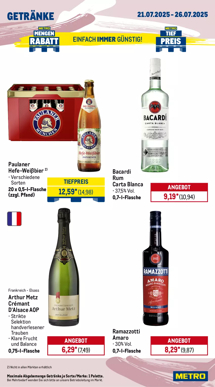 Aktueller Prospekt Metro - Wochen-Angebote Gastro - von 21.07 bis 26.07.2025 - strona 14 - produkty: amaro, angebot, bacardi, bacardi rum, Bad, beere, beeren, bier, brut, eis, elle, ente, erdbeere, erdbeeren, flasche, frucht, früchte, früchten, geldermann, getränk, getränke, Hefe, limette, limetten, Lusti, Metro, metro gastro, Mett, metten, Palette, Paula, paulaner, primitivo, rama, ramazzott, ramazzotti, reifen, reis, Rubin, rum, sac, saro, Ti, tiefpreis, trauben, vanille, wein, Wild, zott