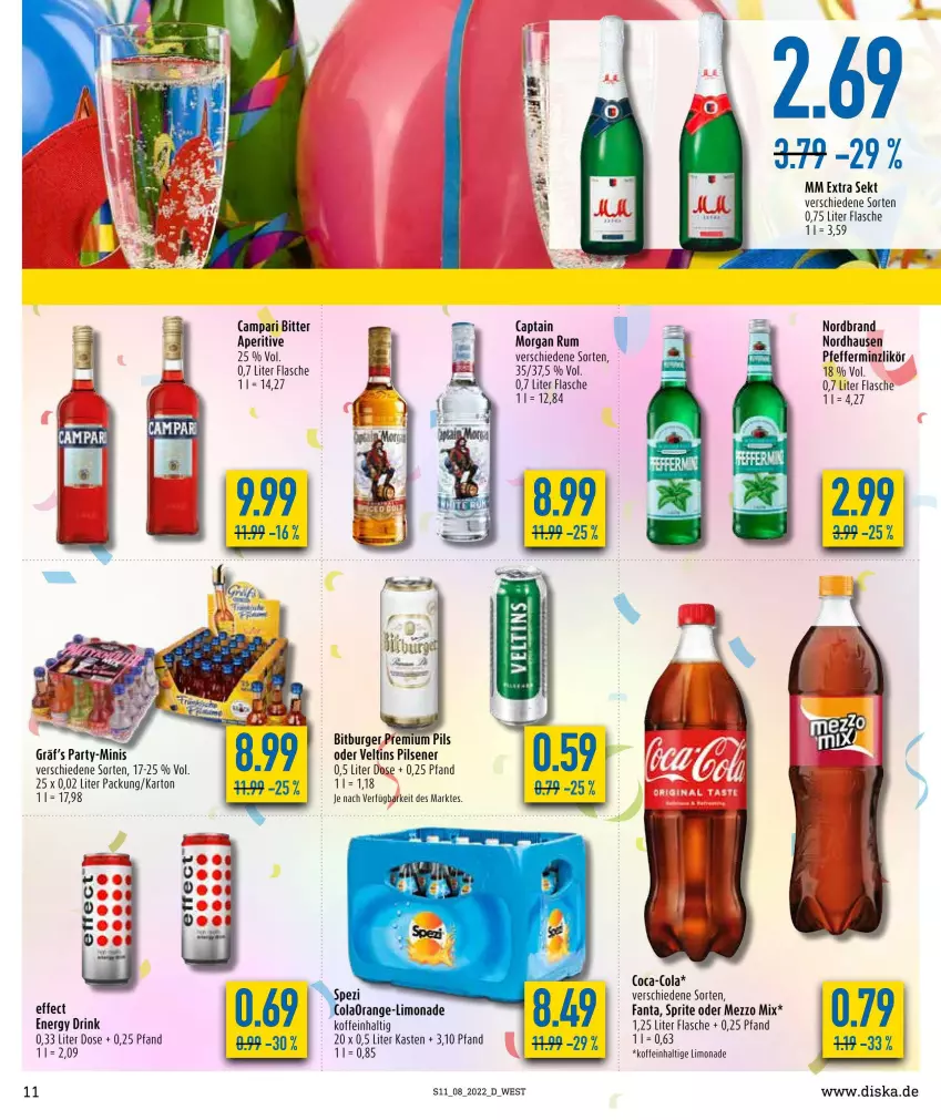 Aktueller Prospekt Diska - Prospekte - von 21.02 bis 26.02.2022 - strona 11 - produkty: bitburger, burger, Cap, captain morgan, coca-cola, cola, drink, Effect, energy drink, fanta, flasche, likör, limo, limonade, Mezzo Mix, mm extra, nordbrand, pfeffer, pfefferminzlikör, pils, pilsener, premium pils, rum, sekt, sprite, Ti, veltins, veltins pilsener