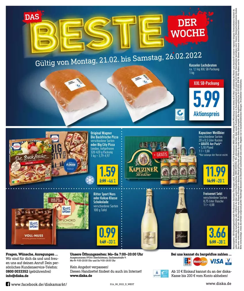 Aktueller Prospekt Diska - Prospekte - von 21.02 bis 26.02.2022 - strona 16 - produkty: angebot, angebote, Astra, braten, deka, eis, ente, flasche, freixenet, kakao, kasseler, lachs, Lachsbraten, mam, ring, sac, schoko, schokolade, sekt, telefon, Ti, uhr