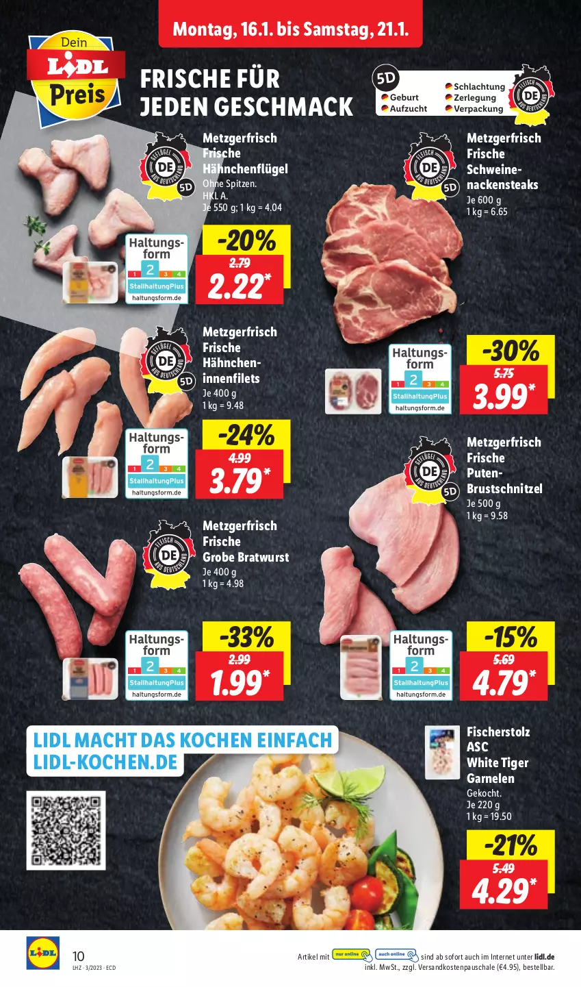 Aktueller Prospekt Lidl - Aktionsprospekt - von 16.01 bis 21.01.2023 - strona 10 - produkty: bratwurst, filet, filets, fisch, fische, Fischer, Frische Hähnchen, garnelen, grobe bratwurst, hähnchenflügel, mac, Nackensteak, nackensteaks, ndk, pute, Schal, Schale, schnitzel, schwein, schweine, steak, steaks, Ti, wein, weine, wurst