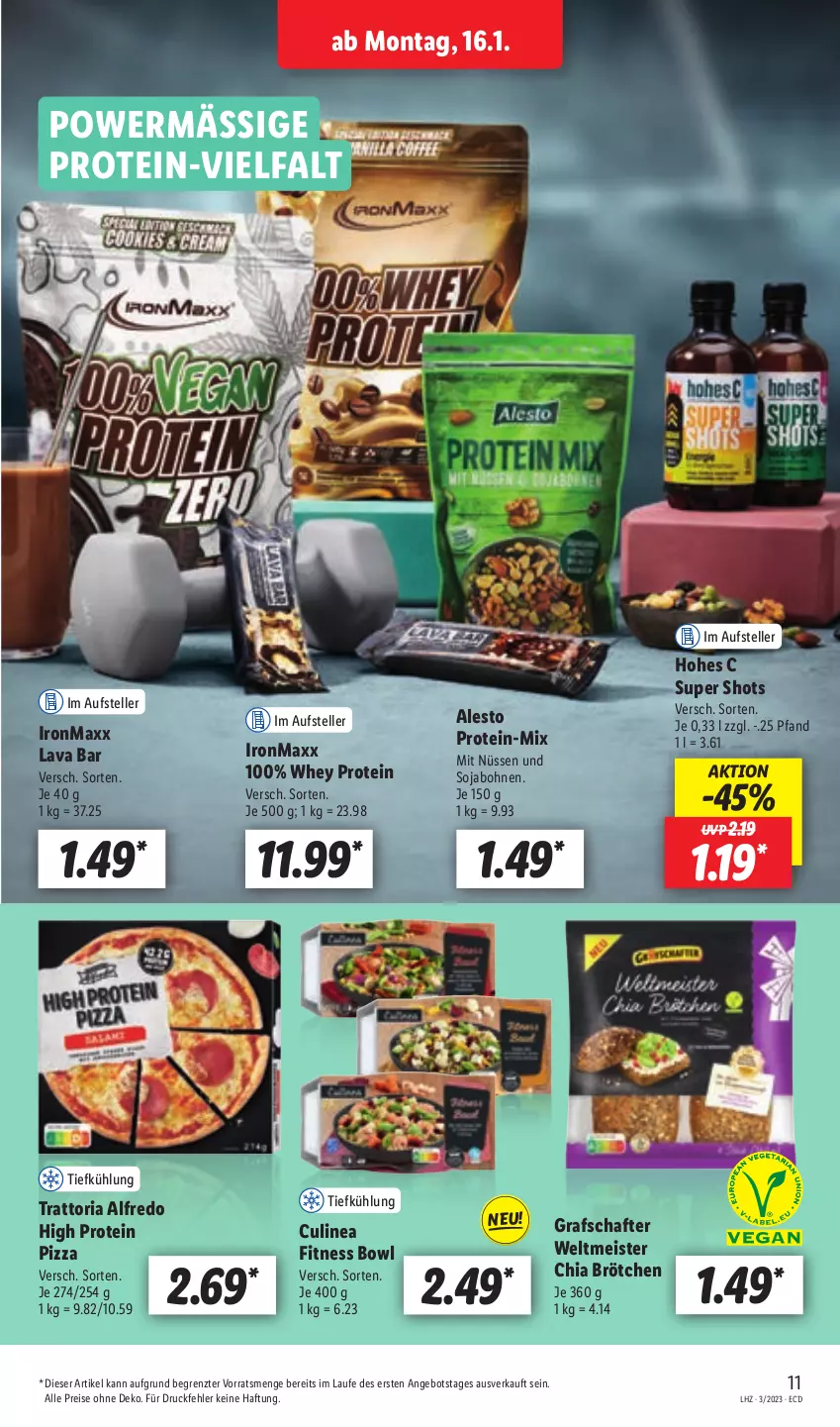 Aktueller Prospekt Lidl - Aktionsprospekt - von 16.01 bis 21.01.2023 - strona 11 - produkty: alesto, angebot, bohne, bohnen, brötchen, chia, eis, elle, grafschafter, Hohes C, Meister, pizza, reis, Ria, soja, teller, Ti, ZTE