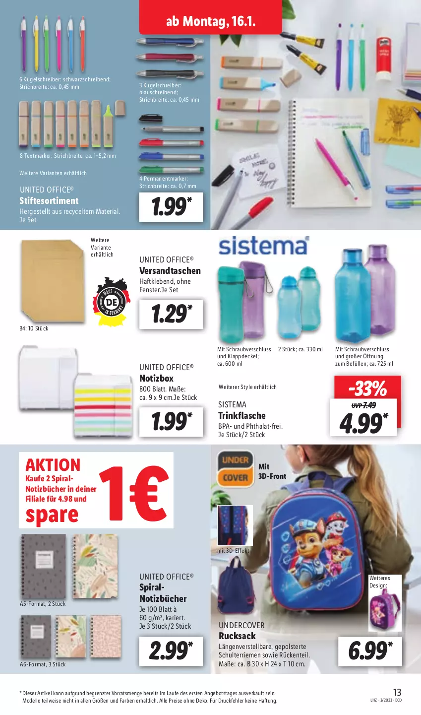 Aktueller Prospekt Lidl - Aktionsprospekt - von 16.01 bis 21.01.2023 - strona 15 - produkty: angebot, Brei, decke, Deckel, dell, eis, elle, ente, fenster, flasche, Kugel, kugelschreiber, Mode, office, reis, Ria, rucksack, sac, stifte, Tasche, taschen, textmarker, Ti, trinkflasche, ZTE