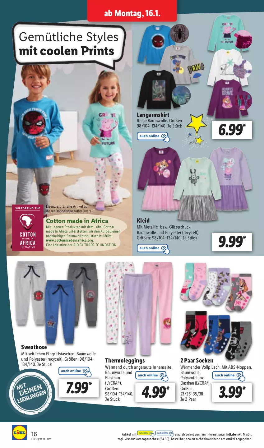 Aktueller Prospekt Lidl - Aktionsprospekt - von 16.01 bis 21.01.2023 - strona 18 - produkty: Bau, baumwolle, gin, hose, kleid, Langarmshirt, leggings, ndk, Overall, Plüsch, reine baumwolle, Schal, Schale, shirt, socken, Sweathose, Tasche, taschen, Thermoleggings, Ti, wolle