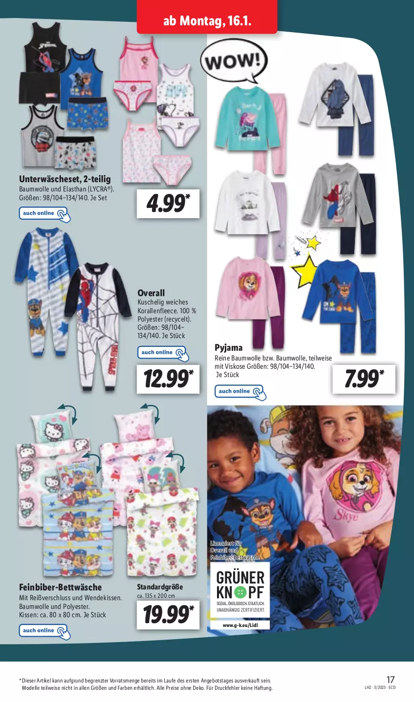 Aktueller Prospekt Lidl - Aktionsprospekt - von 16.01 bis 21.01.2023 - strona 19 - produkty: angebot, Bau, baumwolle, bett, bettwäsche, dell, eis, elle, kissen, Mode, Overall, Pyjama, reine baumwolle, reis, Ti, Unterwäsche, wolle, ZTE