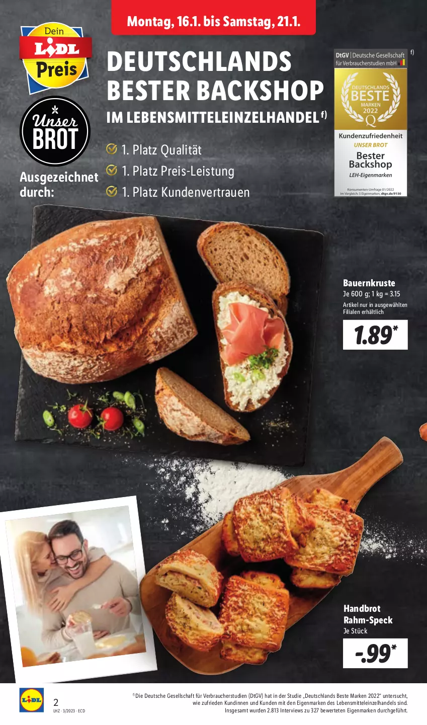 Aktueller Prospekt Lidl - Aktionsprospekt - von 16.01 bis 21.01.2023 - strona 2 - produkty: auer, Bau, Bauer, brot, eis, lebensmittel, Rauch, reis, Speck, Ti